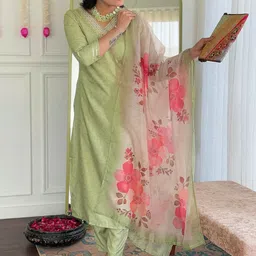 Brand Hill V-Neck Thread Work Straight Kurta With Salwar & Dupatta-picture-11