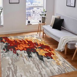 saraswatii global Cubism Off White & Red Printed Tufted Woollen Carpet-0