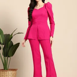 Mast & Harbour Puff Sleeves Sweetheart Neck Top With Trousers-image-98
