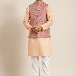 SOJANYA Men Peach-Coloured Chikankari Pure Cotton Kurta with Churidar & Nehru Jacket-85
