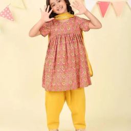 Fabindia Kids Pink Cotton Regular Fit Floral Print Kurta & Pant & Dupatta-image-23