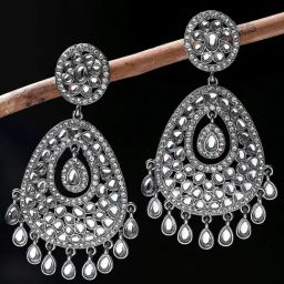 Oomph Black Silver Tone Jadau Kundan Large Ethnic Dangler Earrings-0