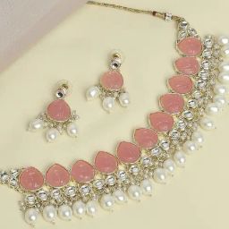 OOMPH Jewellery Pink Engraved Jaipur Stones & Pearls Ethnic Choker Necklace Set for Women-4