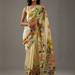 Odette Light Yellow Floral Printed Saree With Unstitched Blouse-image-26