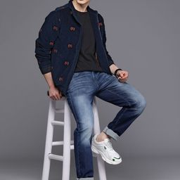 Allen Solly Brand Logo Embroidered Mock Collar Corduroy Bomber Jacket-image-2