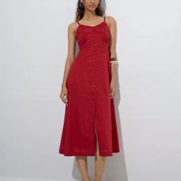 Bombay Paisley by Westside Red Swiss-Dot Design Cotton A-Line Dress-image-26