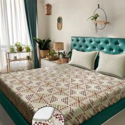 Klotthe Beige Cotton Printed 400 TC King Fitted Bedsheet with 2 Pillow Covers-picture-11