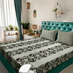 Klotthe Olive Cotton Printed 400 TC King Fitted Bedsheet with 2 Pillow Covers-picture-37