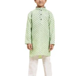 Pro-Ethic Style Developer Kids Light Green & White Printed Full Sleeves Kurta with Pyjamas-picture-11