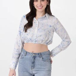 AND White & Blue Floral Print Crop Top-image-81