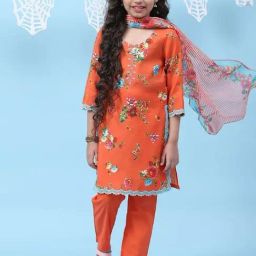 Biba Kids Orange & Sky Blue Floral Print Kurta Set-image-25