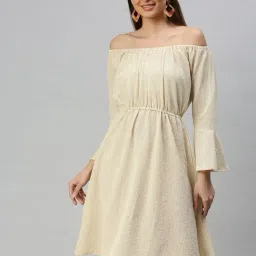 SHOWOFF Beige Synthetic Textured A Line Dress-image-33