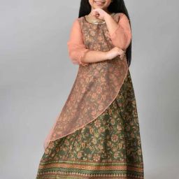 Aurelia Kids Green & Peach Floral Print Dress-image-66