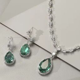 OOMPH Green American Diamond TearDrop Pendant Necklace Set with Earrings-27