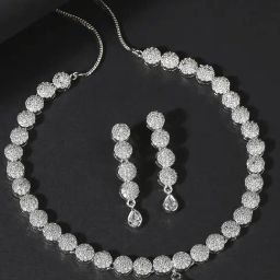 OOMPH Silver Tone American Diamond Drop Pendant Necklace Set with Earrings-image-30