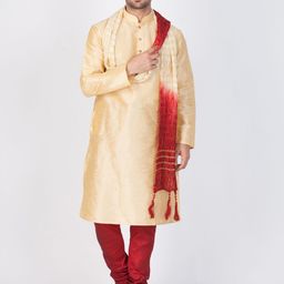VASTRAMAY Men Gold-Toned & Maroon Solid Kurta with Pyjamas & Dupatta-picture-0