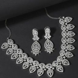 OOMPH Silver Tone American Diamond Floral Necklace Set with Earrings-image-31