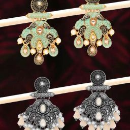 Oomph Mint Green Meenkari & Oxidized Silver Ethnic Dangler Earrings - Set of 2-image-20