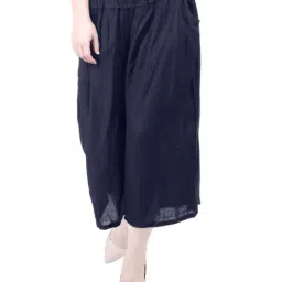 PATRORNA Navy Cotton Blend Relaxed Fit Mid Rise Capris-image-89