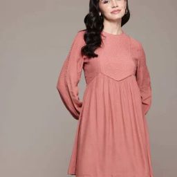 Label Ritu Kumar Peach Embroidered A-Line Dress-image-5