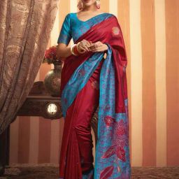 Satrani Maroon & Teal Blue Woven Saree With Unstitched Blouse-picture-45