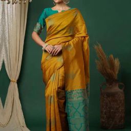 Satrani Mustard Yellow Woven Saree With Unstitched Blouse-image-97