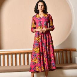 DECKEDUP Multi-Color Cotton Printed Three-Quarter Sleeves Dress-image-6