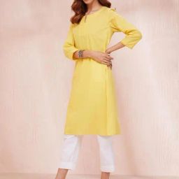 Fabindia Yellow Cotton Straight Kurta-image-74