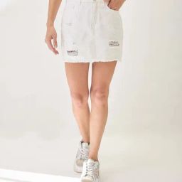 Globus Women White Mid Rise Distressed & Frayed Hem Mini Denim Skirt-image-81