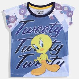 Birthday Girl Girls Blue & Yellow Tweety Printed T-shirt-image-63
