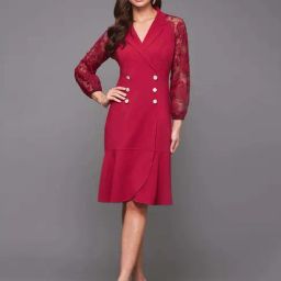 Miss Chase Dark Pink V Neck Full Sleeves Blazer Knee Length Dress-image-53