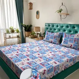 Klotthe Blue Cotton Printed 400 TC King Fitted Bedsheet with 2 Pillow Covers-picture-0