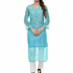 BEAUTY CHIKAN HANDICRAFTS Floral Embroidered V-Neck Mirror Work Georgette Kurta-image-91