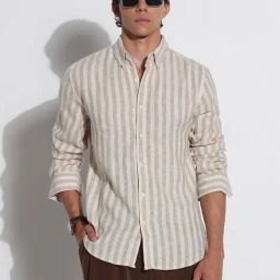 Showoff Beige Cotton Relaxed Fit Striped Shirt-image-97