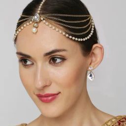 Oomph Gold Tone Kundan Earring & Matha Patti Set-image-36