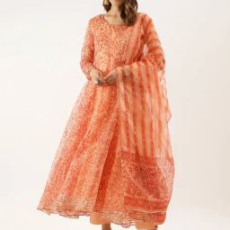Divena Orange Floral Anarkali Kurta With Pant & Dupatta-image-1
