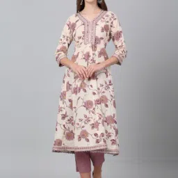 Cantabil White Cotton Regular Fit Floral Kurti Plazo Set-image-24