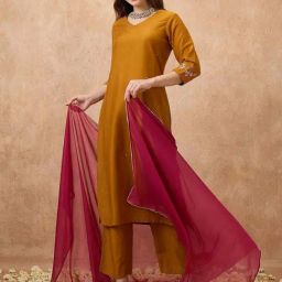 Globus Women Mustard V-Neck Sequinned Straight Kurta With Pant & Contrast Dupatta Festive Set-image-3