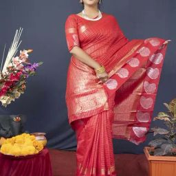 SHUBHKALA Red Silk Woven Saree With Unstitched Blouse-image-62