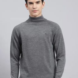 Monte Carlo Grey Pure Wool Regular Fit Solid Pullover-image-36