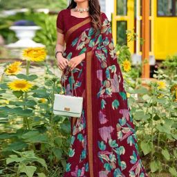 Satrani Maroon Floral Print Saree With Unstitched Blouse-image-65