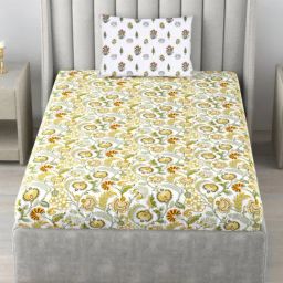 Urban Space Serene Creeper Musturd Cotton 220 TC Single Bedsheet With Pillow Cover-20