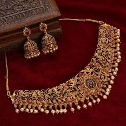 Aatmana Gold-Toned Pink & Green Stone-Studded & Beaded Handcrafted Necklace & Earring Set-11
