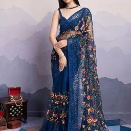 HERE&NOW Floral Embroidered Net Saree-picture-24