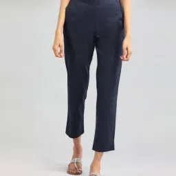 Aurelia Navy Cotton Regular Fit Trousers-image-54
