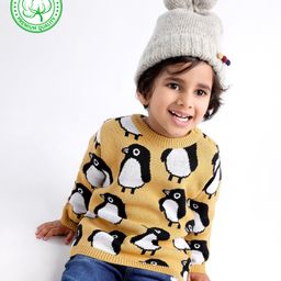 Babyhug 100% Organic Cotton Knit Full Sleeves Sweater Penguin Design- Yellow-image-52