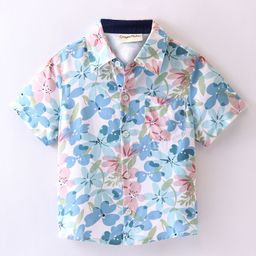CrayonFlakes Half Sleeves Floral Printed Shirt - Off White & Blue-image-2