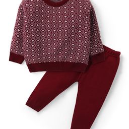 Babyhug Knitted Full Sleeves Sweater & Pant Set with Diamond Design - Red-image-73