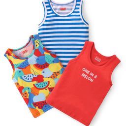 Babyhug 100% Cotton Knit Sleeveless Vests with Tropical & Stripes Pattern Pack of 3 - Multicolor-image-3