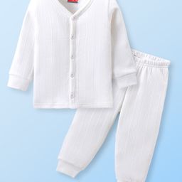 Babyhug Cotton Full Sleeves Thermal Vest and Pant Set Solid - Off White-image-14